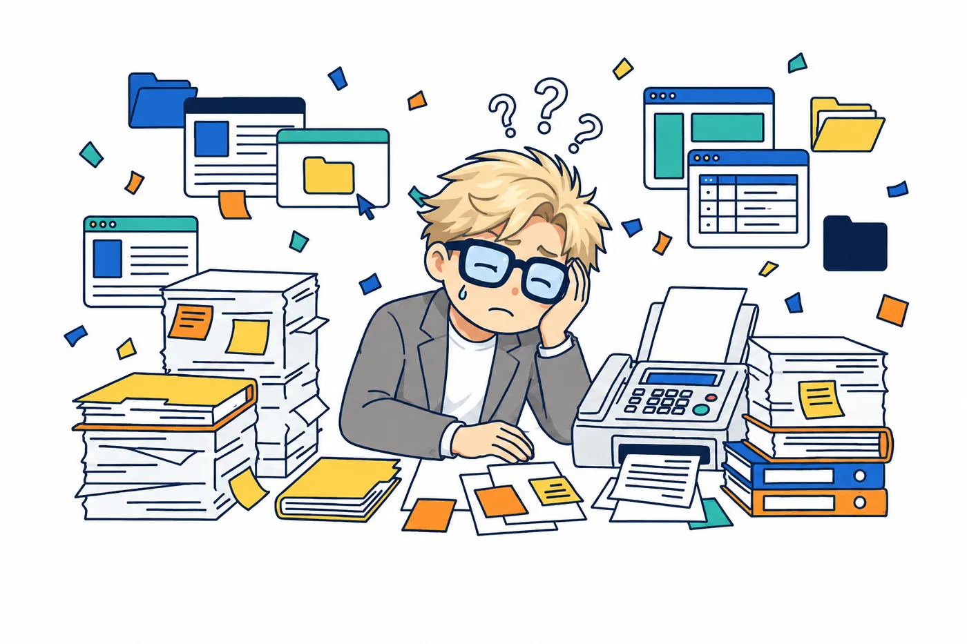 書類の山とFAX、バラバラなツールに囲まれて困っているキャラクターのイラスト